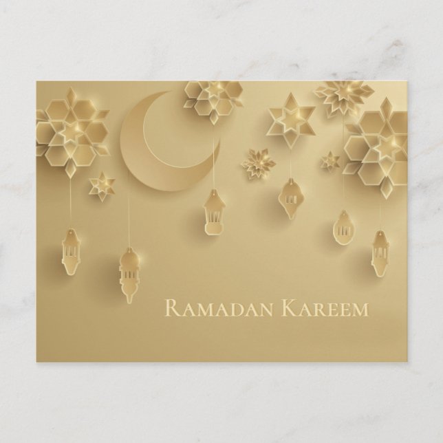 Postal Papel cortado Linternas de Ramadán, Luna, Flores,  (Anverso)