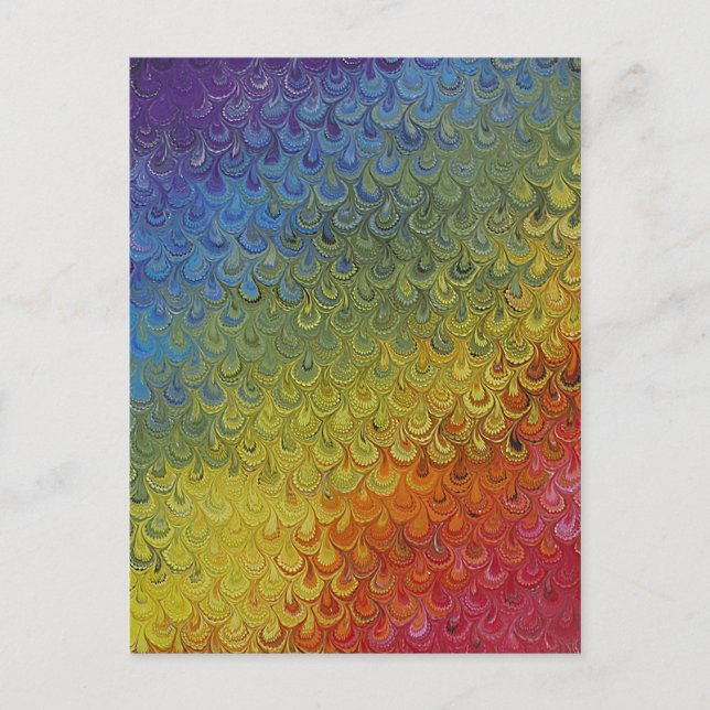 Postal Papel de Mármol pintado en el pavo real arcoiris (Anverso)