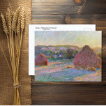 Postal Papel de trigo verano Claude Monet Postcard<br><div class="desc">Postal de arte fino con la pintura impresionista Stacks of Wheat (Fin del verano) 1890-1891 de Claude Monet (1840-1926). El trigo se apila en un campo agrícola con el sol lanzando sombras en el campo.</div>