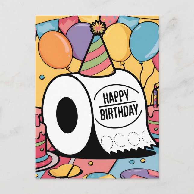 Postal Papel higiénico con sombrero de cumpleaños globos (Anverso)
