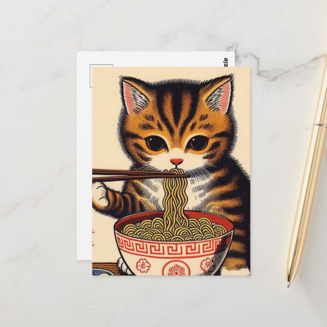 Postal Papel pardo de gatito comiendo Ramen impresión de  (Anverso/Reverso In Situ)