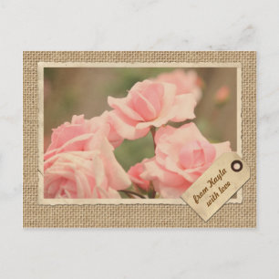Postal Papel vintage Frame Etiqueta de viaje Rosa Burlap 