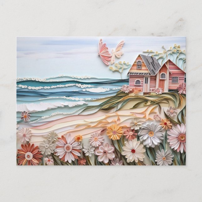 Postal paper layer art beach house in soft colors (Anverso)