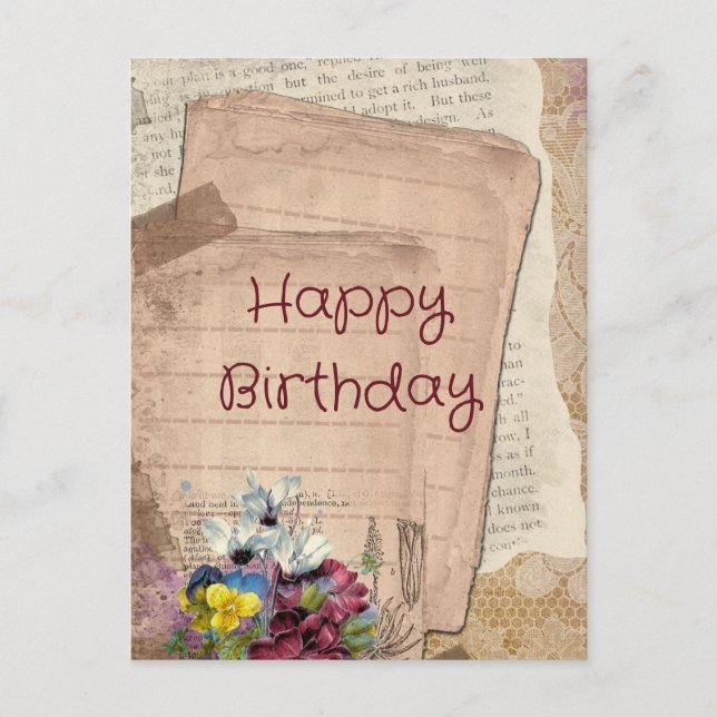 Postal Papers Antiguos y Flores Feliz Cumpleaños (Anverso)