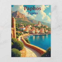 Postal Paphos Cyprus vintage travel illustration