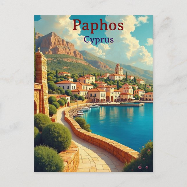 Postal Paphos Cyprus vintage travel illustration (Anverso)