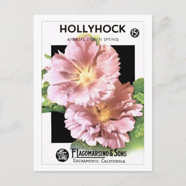 Postal Paquete de semillas de hollyhock rosado de época (Anverso)