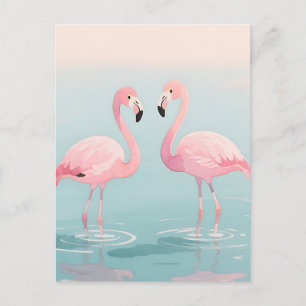 Postal Par de flamencos rosados serenidad acuarela
