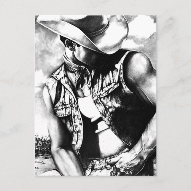 Postal Para él Guay Western Cowboy Original Art Drawing (Anverso)