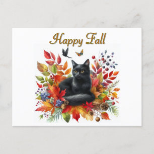 Postal para gato negro de la temporada de otoño fe