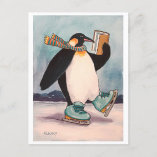 Postal para patinaje sobre pingüino