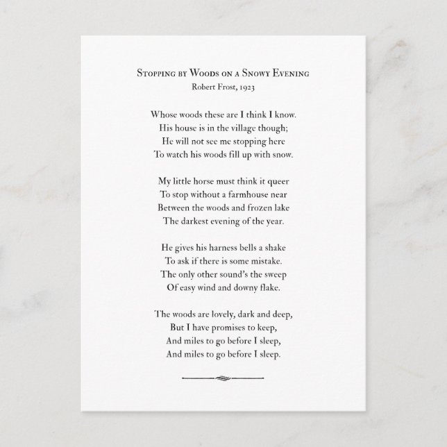 Postal Parada por Woods en una velada de nieve, Robert Fr (Anverso)