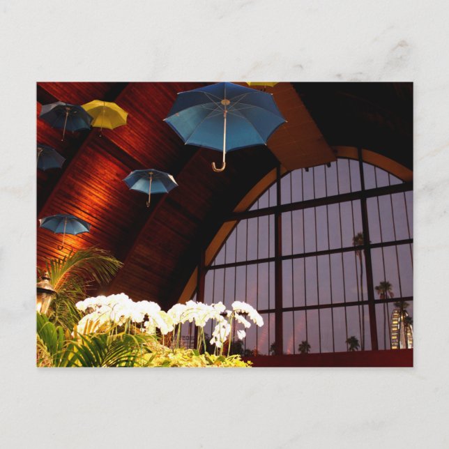 Postal Paraguas amarillos Flores blancas foto de arte azu (Anverso)