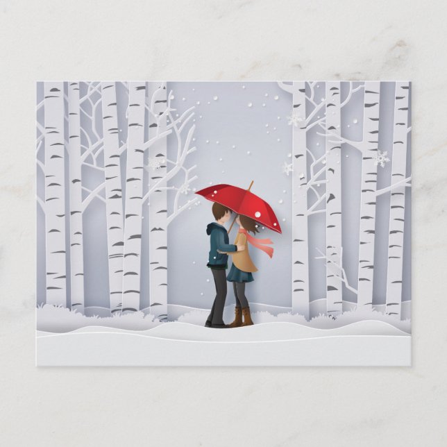 Postal Paraguas rojos en la pareja de la nieve (Anverso)