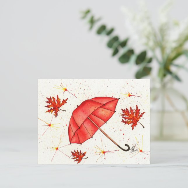 Postal Paraguas rojos luminosos y hojas rojas acuarela (Anverso de pie)