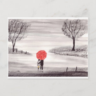 Postal Paraguas rojos pareja de amor acuarela boda