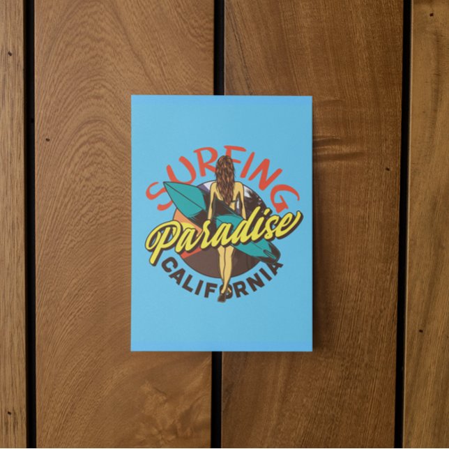 Postal Paraíso de Surfing de California (california surfer girl retro vintage postcard)