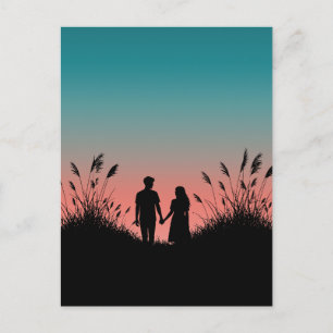 Postal Pareja Agarrados de la Mano Campo de Hierba Atarde