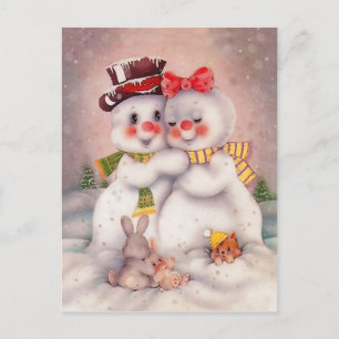 Postal Pareja amante de Snowman, saludo de vacaciones vin
