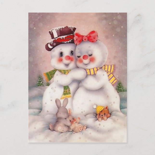 Postal Pareja amante de Snowman, saludo de vacaciones vin (Anverso)