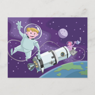 Postal pareja astronauta que camina por el espacio tomand