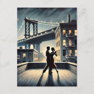 Postal Pareja bailando con el puente de Brooklyn