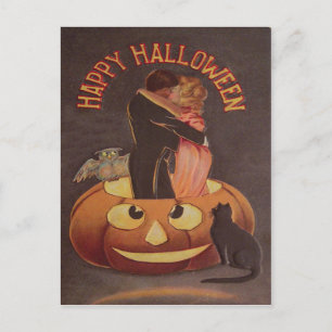 Postal Pareja Besándose Búho Calabaza Gato Negro