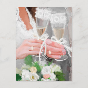 Postal pareja boda con copas de champán