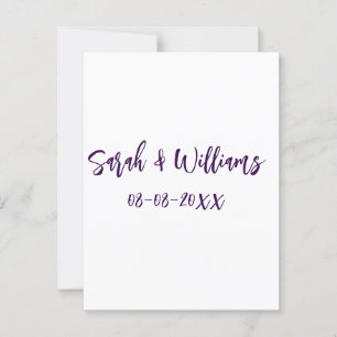 Postal pareja boda. Nombre fecha púrpura simple mes mínim