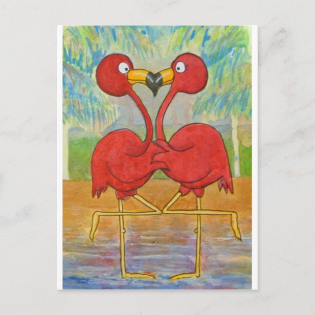 Postal Pareja caprichosa Pink Flamingo Tropical Beach Bir (Anverso)
