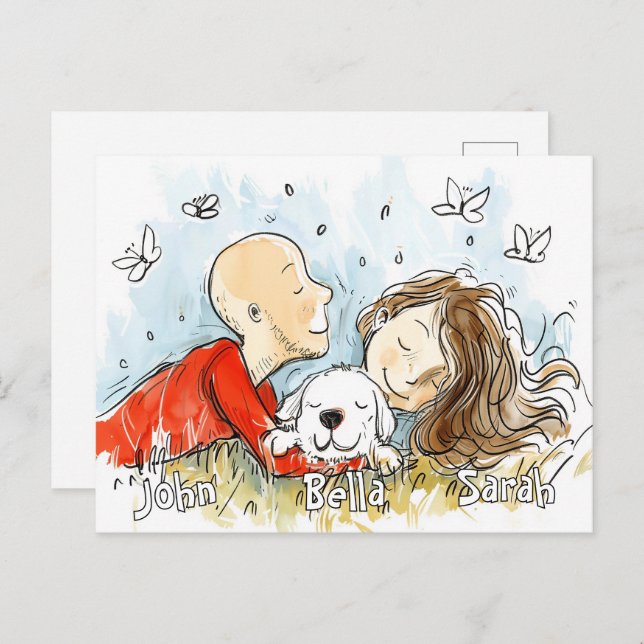 Postal Pareja con Cachorro Blanco (Anverso / Reverso)