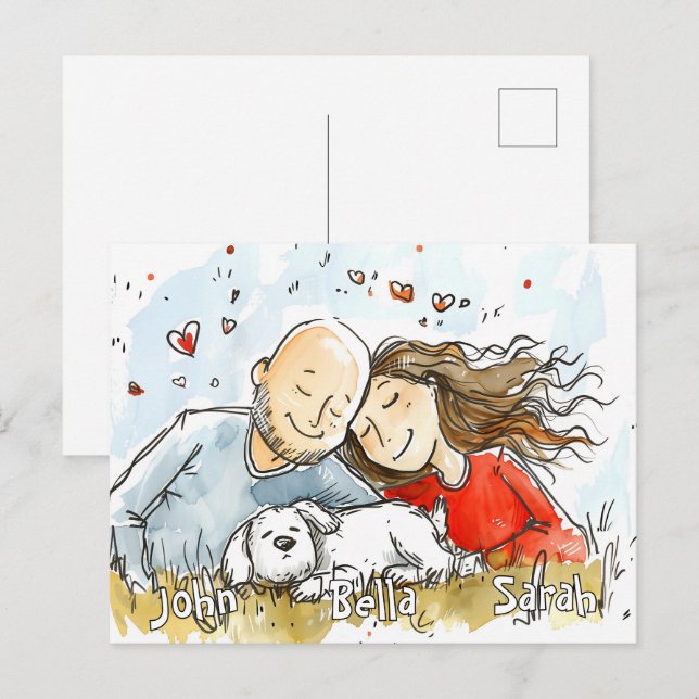 Postal Pareja con Cachorro Blanco (Anverso / Reverso)