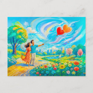 Postal Pareja con globos en forma de corazón en un parque