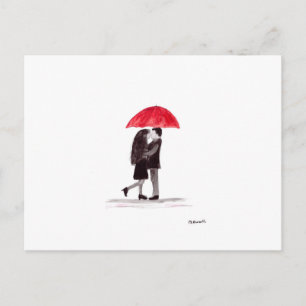 Postal Pareja de amor con arte de paraguas rojo