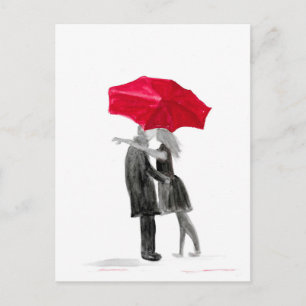 Postal Pareja de amor con paraguas rojos