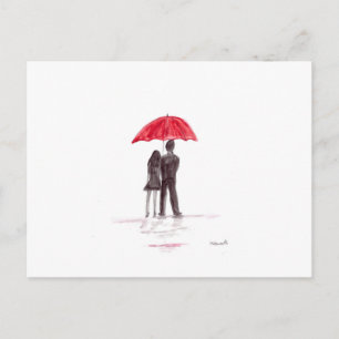 Postal Pareja de amor con paraguas rojos pareja romántica