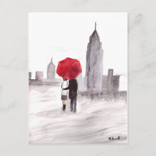 Postal Pareja de amor de Nueva York con paraguas rojos