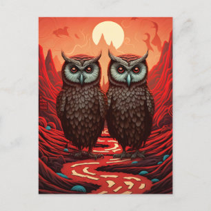 Postal Pareja de búhos en las montañas