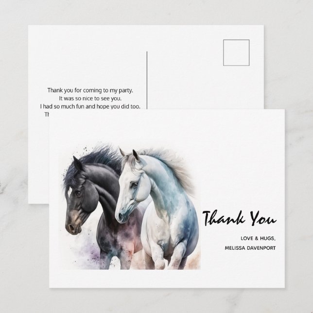 Postal Pareja de caballos negros y blancos en acuarela Gr (Anverso / Reverso)