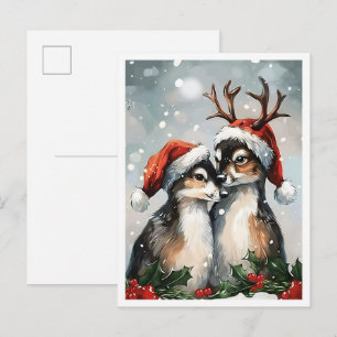 Postal Pareja de ciervos vintage Feliz Navidad