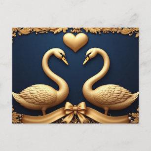 Postal Pareja de cisnes dorados románticos corazón boda a