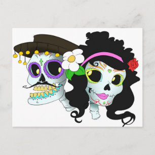 Postal Pareja de cráneo festivo mexicana