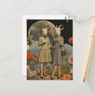 Postal pareja de damas cabras collage surrealista de desa