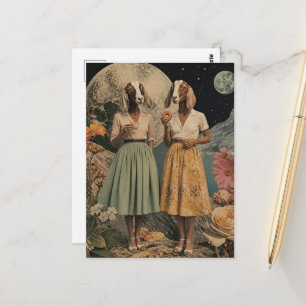 Postal pareja de damas cabras collage surrealista de desa