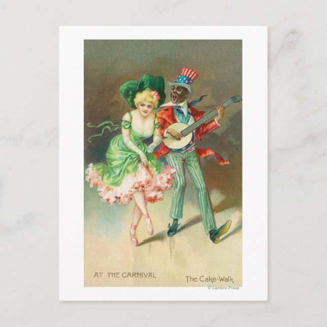 Postal Pareja de disfraces haciendo la caminata de torta (Anverso)