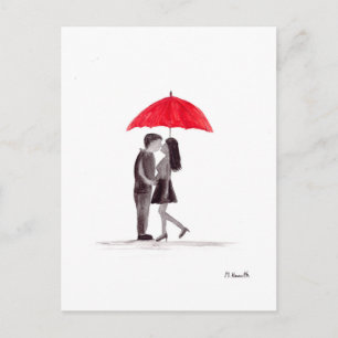 Postal Pareja de enamorados con paraguas rojo acuarela