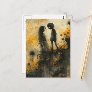 Postal Pareja de enamorados en acuarela oscura