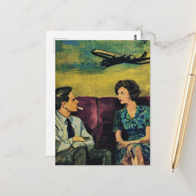 Postal Pareja de época en el avión en el cielo (Anverso/Reverso In Situ)
