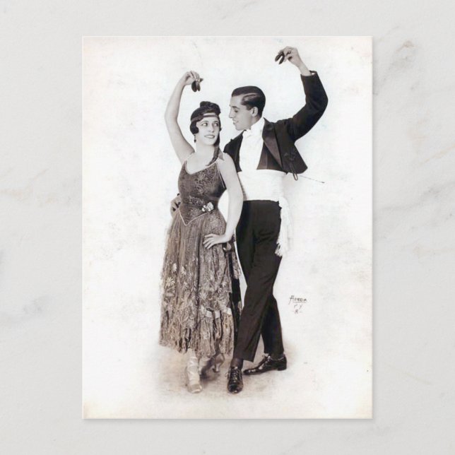 Postal Pareja de Flamenco de época con Castanets (Anverso)