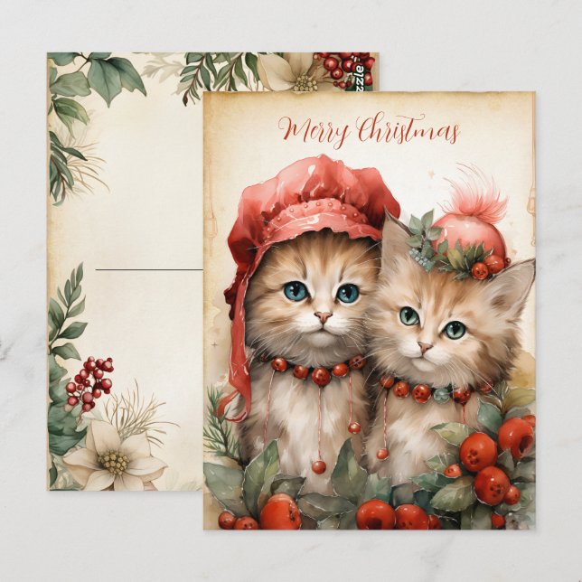 Postal Pareja de gatitos navideños hermosos  (Anverso / Reverso)